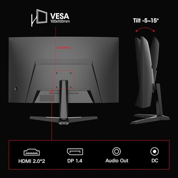 KOORUI 27 Inch Curved Gaming Monitor QHD (2560 x 1440) 180Hz, 1ms 1500R Display, Adaptive Sync, 90% DCI-P3, HDMI 2.0 & DisplayPort 1.4, VESA, Tilt, Eye Care, 27E6QCA