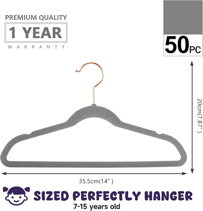 MIZGI Kids Velvet Hangers,Non-Slip Big Kids Hangers,14 Inch Hangers for Youth,Teen Clothes,Pack of 50