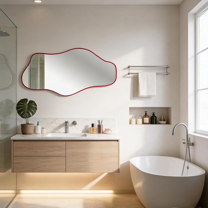 Irregular Wall Mirror, 47.2"x24" Asymmetrical Tempered Glass Mirror, Frameless Organic Shaped Mirrors for Entryway Bedroom Living Room Bathroom, Horizontal or Vertical Hanging ﻿