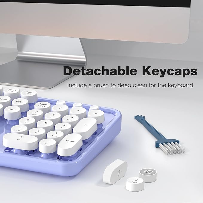 Wireless Keyboard and Mouse Combo, MOWUX Full Size Typewriter Retro Round Computer Keyboard, Mouse Wireless, Plug and Play, for Laptop, PC, Computer- Purple