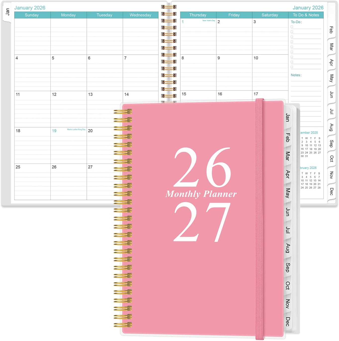 2026-2027 Monthly Planner | 18-Month Calendar with Tabs, 9" x 11", Strong Twin-Wire Binding, Pink