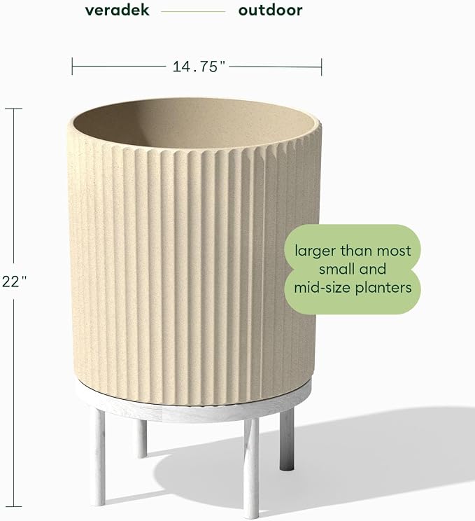 Veradek Demi Series Round Planter w/Stand for Porch/Patio | Durable Plastic-Stone Composite & Wooden Stand | Modern Décor for Tall Plants, Flowers