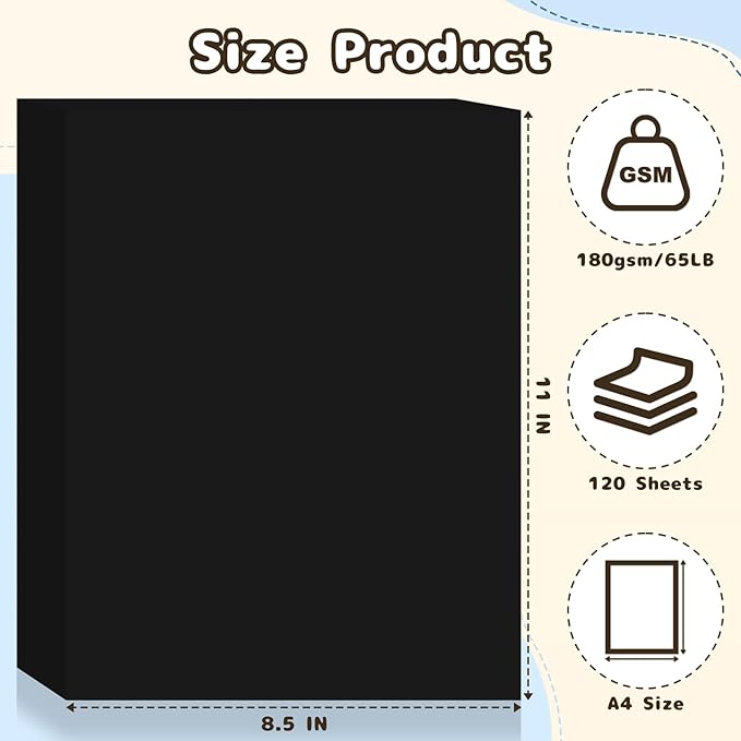 120 Sheets Cardstock 8.5x11, 65lb Black Card Stock, Black Construction Paper, 180gsm Thick Printer Paper for Printing, Painting, Card Making, Kids School Supplies,Party Decorations