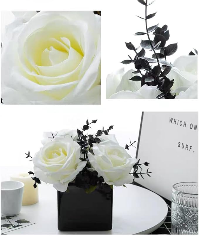 LADADA Artificial Flowers with Small Ceramic Vases, Roses in Vases Plastic Artificial Flowers and Plants,Used for Home Office Wedding Decoration, Table Decoration(White+Black)