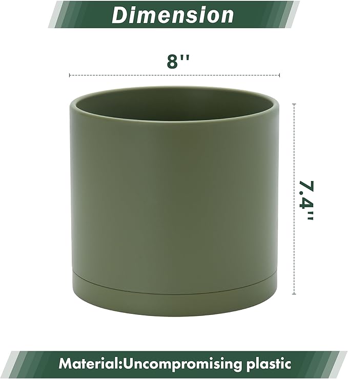 D'vine Dev 8 Inch Plastic Planter Pots for Plant Pot with Drainage Hole and Seamless Saucers, Olive, 74-X-I-1