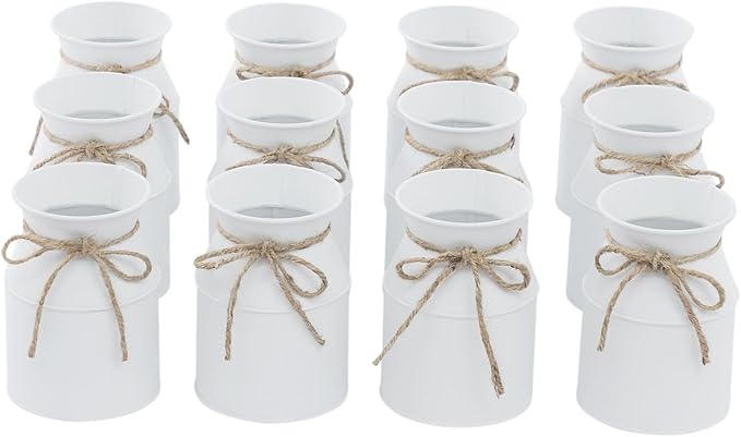 Flower Vase Decor, Farmhouse Metal Galvanized Milk Can Jug Vase with Bow, Flower Buckets for Artificial Flowers for Table Centerpiece Weddings(White)