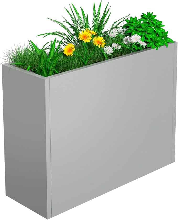 Metal Planter, 36L x 12W x 26H, Heavy Duty Tall Planters for Outdoor Plants, Planters with Removable Insert Shelf, Large Planters with Drainage Holes for Porch, Patio and Yard, Grey
