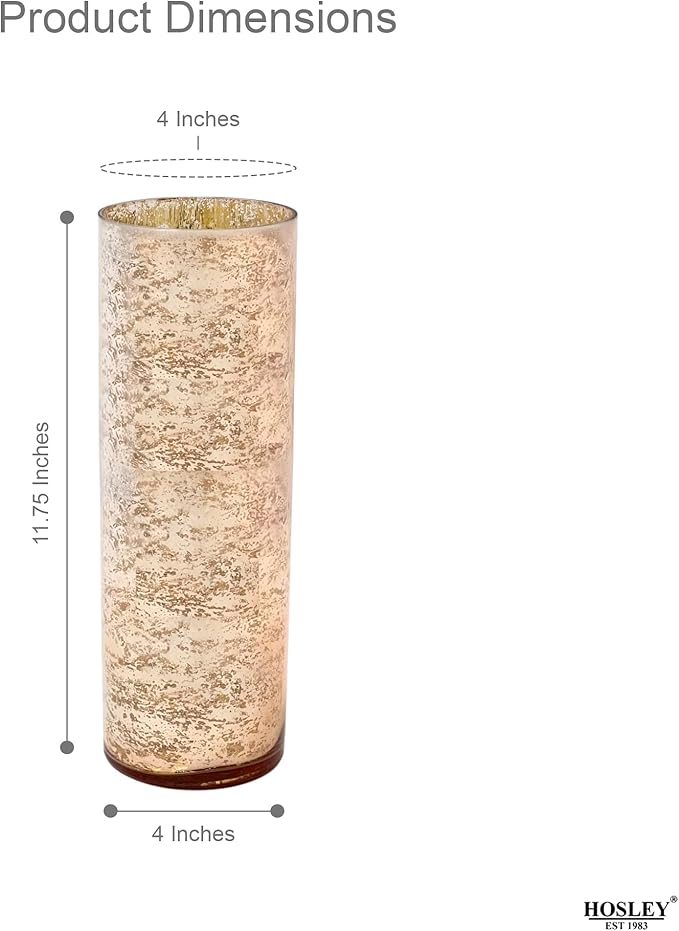 Hosley Mercury Rose Gold Glass Vase Decorative Glass Hurricane Vase 4" Dia X 12" H. Ideal for Floral Arrangements Cut Flowers Weddings Aromatherapy DIY Craft Projects Led Lantern Votive Garden Spa