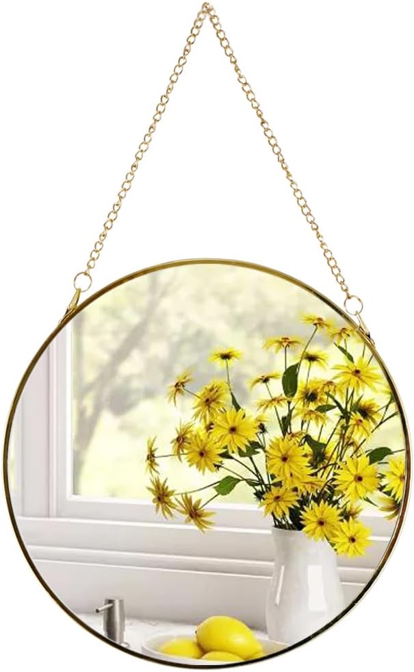 8-inch Modern Round Wall Mirror with Metal Frame and Hanging Chain, Suitable for Entryway, Hallway, or Bathroom Small Gold Metal Frame Mirror (Gold, 8 inch)