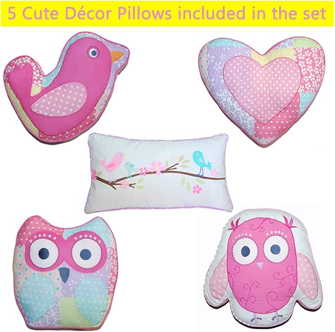 Cozy Line Home Fashions Pink Owl All Season Lightweight 100% Cotton Quilt Set with 5 Decor Pillows-Coverlet Bedding Bedspread for Kids Toddler Girls Bedroom (Owl, Queen - 8 Piece)