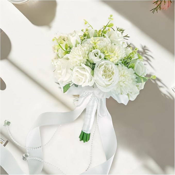8.6 Inch Wedding Bouquets for Bride Bridesmaid, Ivory White Green Bouquet with Pearl Chains Artificial Fake Silk Roses Flowers for Wedding Boho Rustic Church Decoration Toss Bouquet
