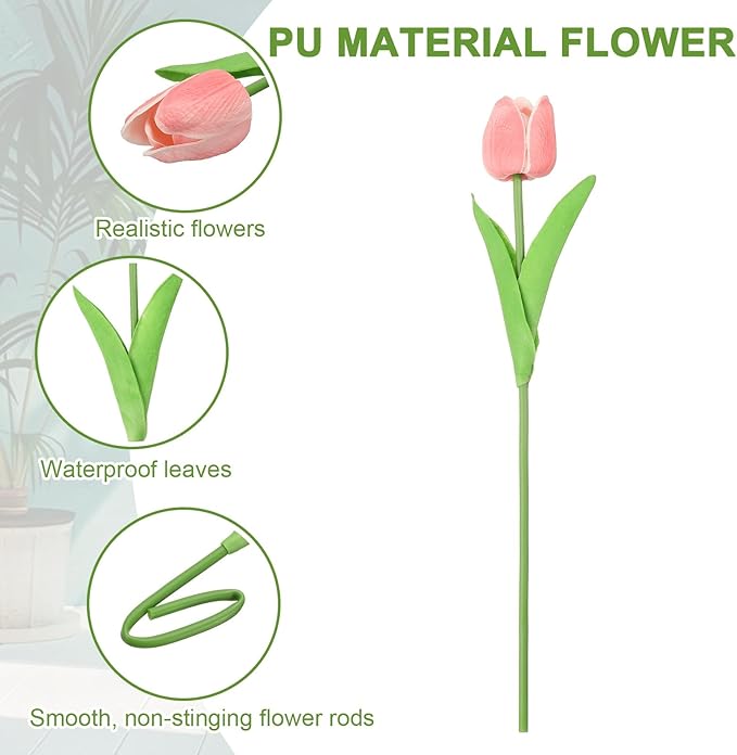 uxcell 20pcs Tulips Artificial Flowers, Faux Flowers Silk Fake Tulip Stems Real Touch for Wedding Bouquet Centerpiece Table Party Decoration(Pink)