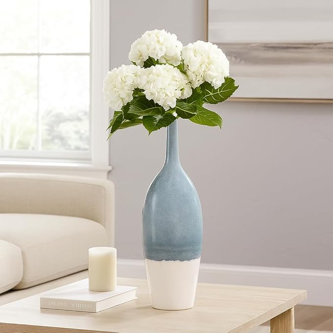 Tall Ceramic Vase for Home Decor – Decorative Accent for Living Room, Office, and Room Decor – Two Tone Bottle Shape Flower Vase for Bedroom, House, or Table Display – 27" Blue & White