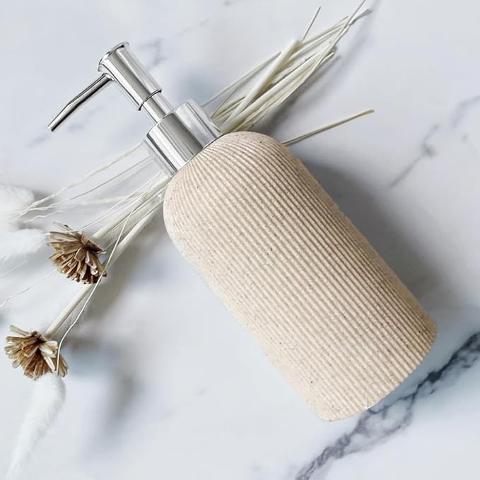 Sand Beige Hand Soap Dispenser for Bathroom and Kitchen with Pump, Luxury Farmhouse Style, Lotion, Dish Soap Dispenser, Sandstone Finish, Rust Proof, 7oz (Silver Pump)