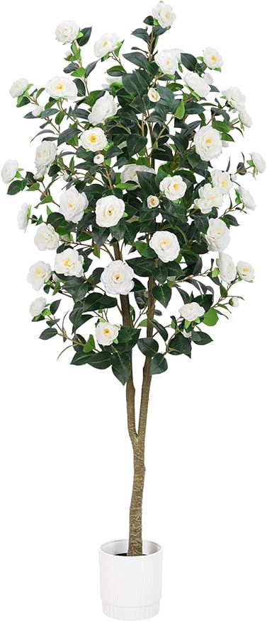 Artificial Camellia Tree 6FT – Nearly Natural Faux Plants Indoor, with Easy Assembly, Low Maintenance, Ideal for Both Indoor Decoration and Other Purposes，Perfect Porch Christmas Trees (White 6ft)