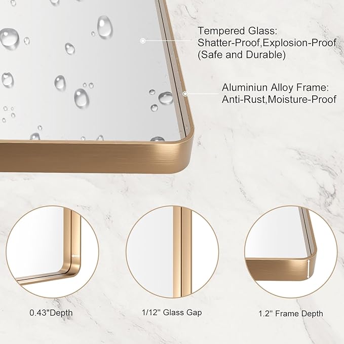 LOAAO 20”X30” Gold Bathroom Mirror, Rounded Rectangle Gold Frame Mirror, Brushed Gold Bathroom Vanity Mirror Wall-Mounted, Anti-Rust, Hangs Horizontally or Vertically