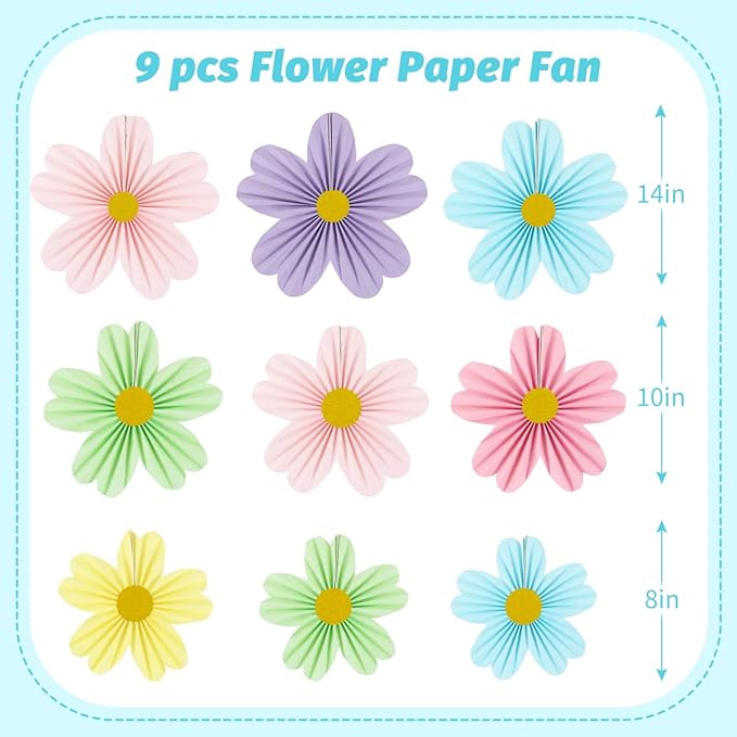 YUNXUAN Pastel Party Decorations Paper Fan Paper Flowers Decorations for Wall Flower Backdrop Classroom Baby Shower Birthday Flower Wall Decor Pack of 9 Rainbow