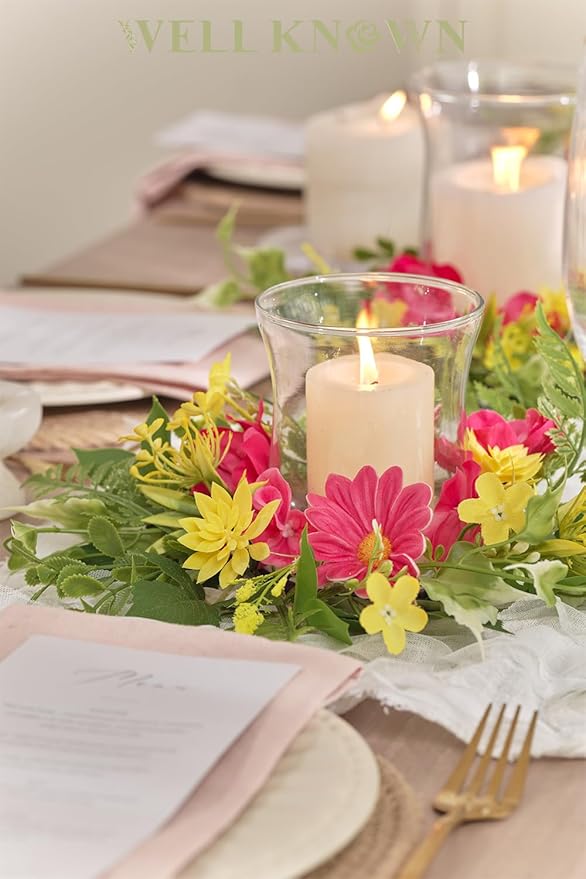 WELL KNOWN 2 Pcs Mini Spring Floral Candle Rings Wreaths for Pillars Home Table Window Decor, 9 Inches Artificial Flower Cabinet Wreath for Kitchen Farmhouse Wedding Party (Fuchsia Pink & Yellow)