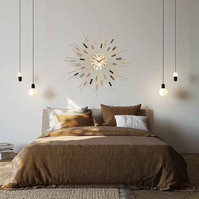 24" Large Sunburst Wall Clock, Boho Modern Farmhouse Metal Decorative Clock, Silent Non‑Ticking Battery Powered, Mid‑Century Starburst Art Decor for Living Room Bedroom Office Home