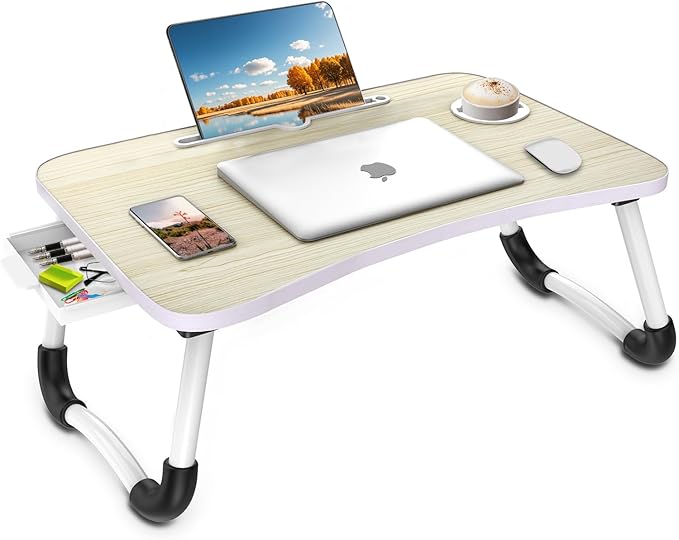 Fayquaze Portable Foldable Laptop Bed Desk with Storage Drawer and Cup Holder - Lap Desk Laptop Stand Tray Table for Eating, Reading and Working