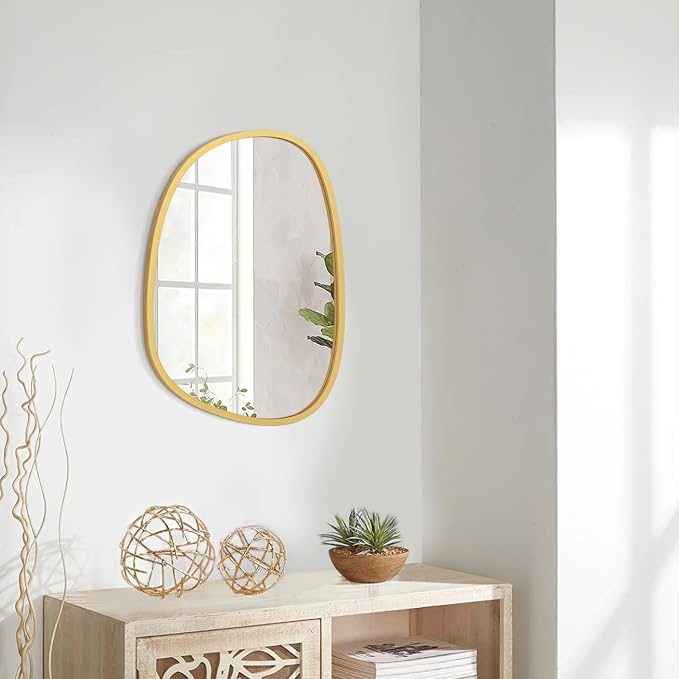 Irregular Gold Modern Asymmetrical Small Wooden Framed Hanging Wall Mirror - Unique Oval Shape for Bedroom, Bathroom, Entryway, Living Room