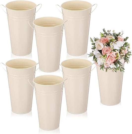 6 Pcs Galvanized Metal Vases with Handle Flower Metal Planter Galvanized Buckets Bulk Farmhouse French Flowers Bucket for Home Decor Wedding Table Centerpiece Decorations (Beige, 9.8 Inch)