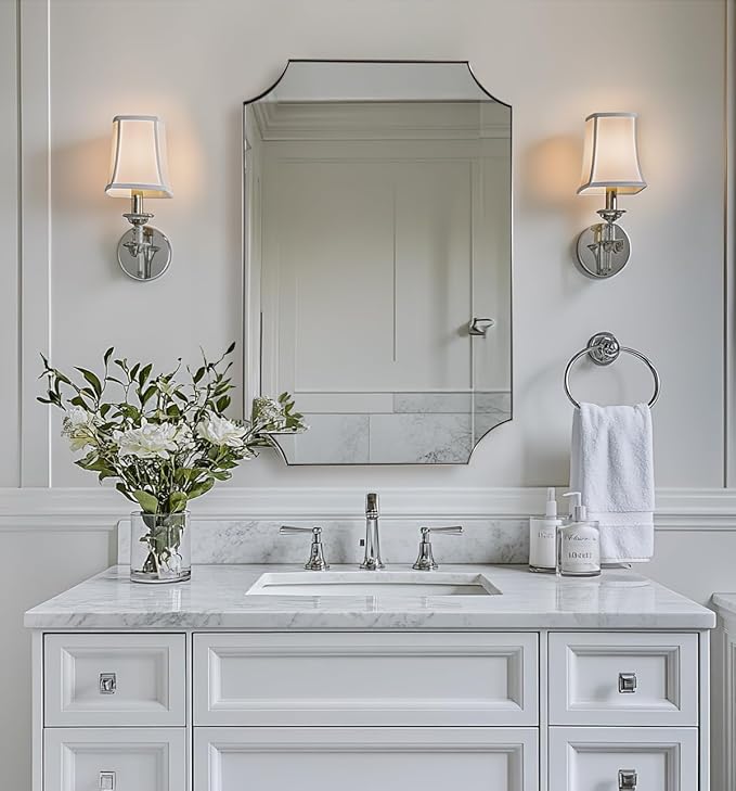 ANDY STAR 20x30 Inch Scalloped Mirror, Brushed Nickel Bathroom Mirror for Over Sink, Vanity Mirror with Scalloped Corners Design, Rustproof Stainless Steel Thin Frame, Ideal for Narrow Space Remodel