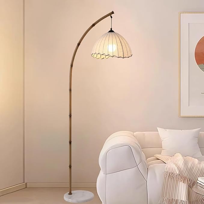 Bamboo Floor Lamp, Mid Century Rattan Retro Standing Light with 3 Color Temperatures, Bohemian Style LED Tall Lamp for Living Room Bedroom Office