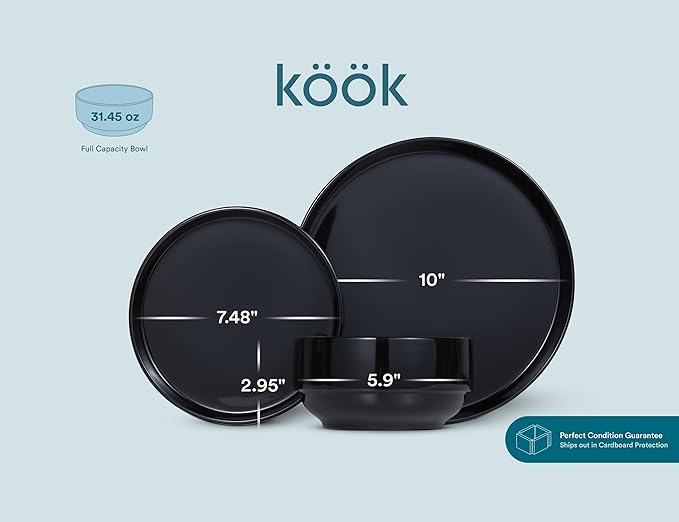 Vase and Vessel Ceramic Dinnerware Set, 12-Piece Service for 4, Soup Bowls (31.5 oz), Salad Plates (7.5"), Dinner Plates (10.5"), Round, Microwave and Dishwasher Safe, Black, Cambridge Classics
