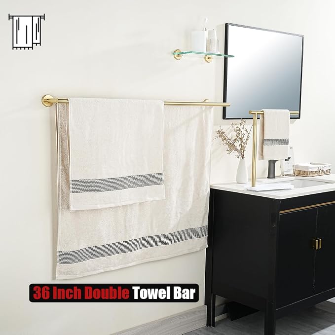 JQK Double Bath Towel Bar, Brushed Gold 39 Inch 304 Stainless Steel Thicken 0.8mm Towel Rack for Bathroom, Towel Holder Wall Mount, Useable Length 36 Inch, TB100L36-BG
