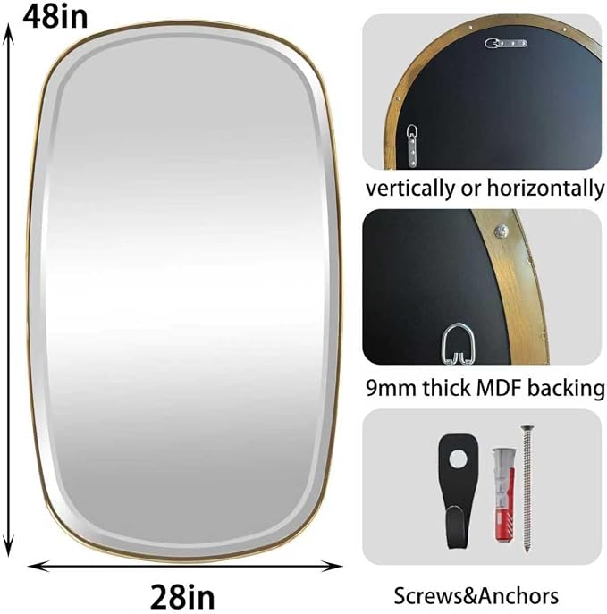 POZINO Gold Beveled Mirror, 28"x48" Modern Rounded Rectangle Mirrors, Large Brass Oval Mirrors, Oblong Vanity Wall Mirror for Bedroom Living Room Entryway Fireplace, Hangs Horizontal Or Vertical