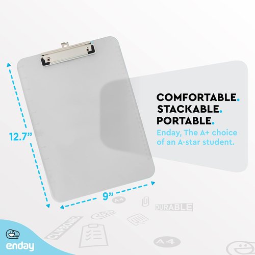 Enday Plastic Clipboard - Standard Size Grey Translucent Clip Board | Hangable, Holds 100 Sheets, 12.7” x 9”