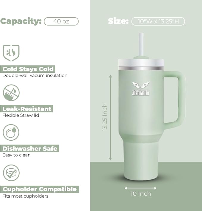 40 Oz Insulated Tumbler with Handle and Straw, Stainless Steel Coffee Travel Mug with Lid, Leak Proof Water Bottle with Accessories, Matcha Cream