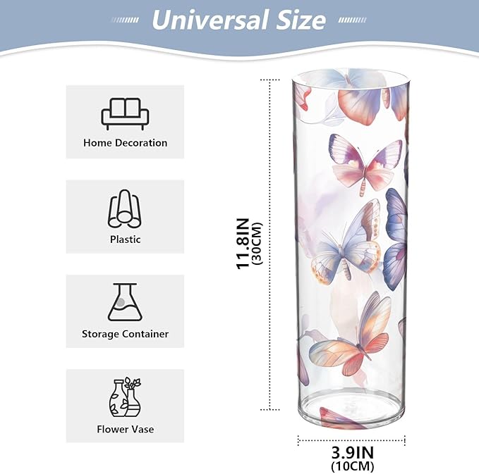 susiyo Translucent Butterflies and Flowers Acrylic Vase, Tall Plastic Vase Cylinder Vase Clear Acrylic Flower Vase for Centerpieces