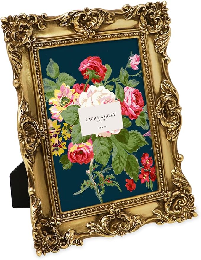 Laura Ashley 5x7 Gold Ornate Textured Hand-Crafted Resin Picture Frame with Easel & Hook for Tabletop & Wall Display, Decorative Floral Design Home Décor, Photo Gallery, Art, More (5x7, Gold)