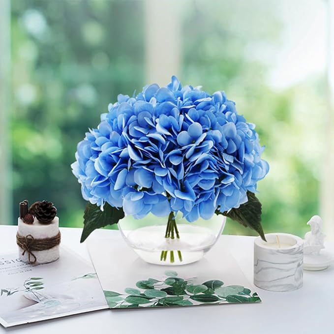 Hydrangea Fake Flowers in Vase, Silk Flowers in Vase with Faux Water for Home Decor Indoor (Blue)