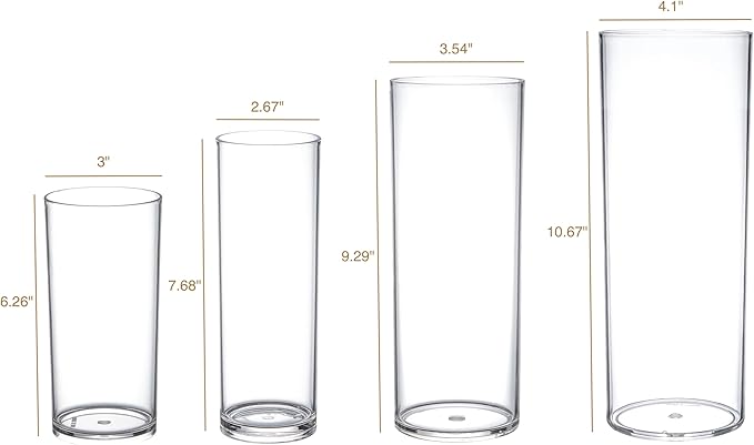 KLIFA- Carlsbad- Set of 4 Pieces, 6, 7, 9 & 10 Inch Tall, Plastic Cylinder Vases for Centerpieces, Acrylic Flower Vase for Wedding Centerpieces, Home Decorations, Clear