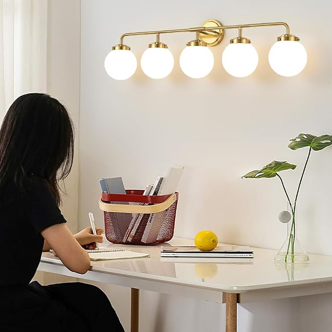 Bathroom Light Fixtures Gold Vanity Lights Over Mirror, Modern Wall Sconce Lighting 5-Light with White Glass Globe Shade