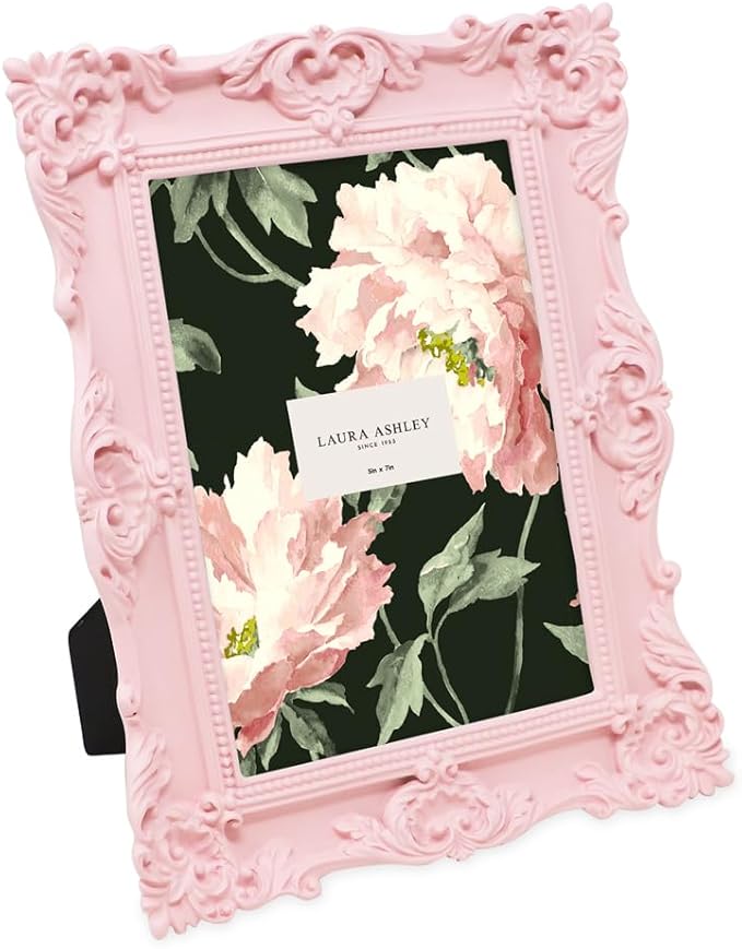 Laura Ashley 5x7 Pink Ornate Textured Hand-Crafted Resin Picture Frame with Easel & Hook for Tabletop & Wall Display, Decorative Floral Design Home Décor, Photo Gallery, Art, More (5x7, Pink)