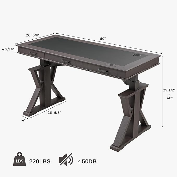 EUREKA ERGONOMIC Leather Standing Desk, 60 inch Executive Desk with Drawers,Modern Oak Grain X-Shaped Leg Sit Stand Desk, Charge Power Outlet Luxury Home Office Computer Desk