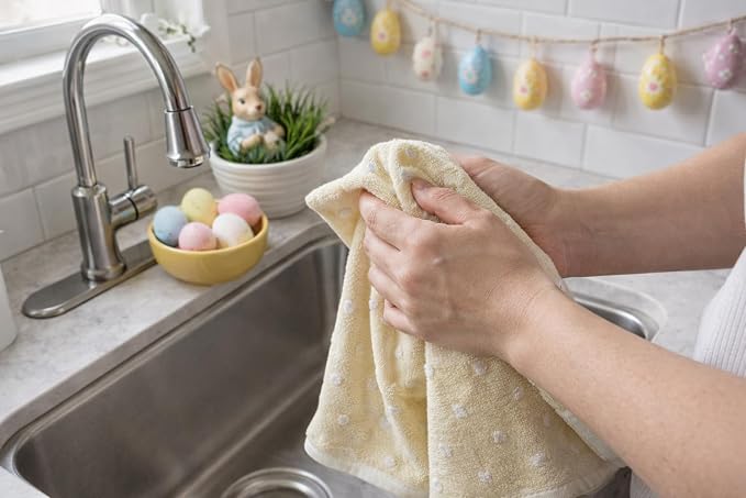 Yellow White Kitchen Hand Dish Towels: Oversized 28" x 16",100% Cotton Cloth Soft Cleaning Drying Absorbent Striped Solid Polka Dot Design, Set of 3 Multipurpose for Everyday Use (Yellow Austin)