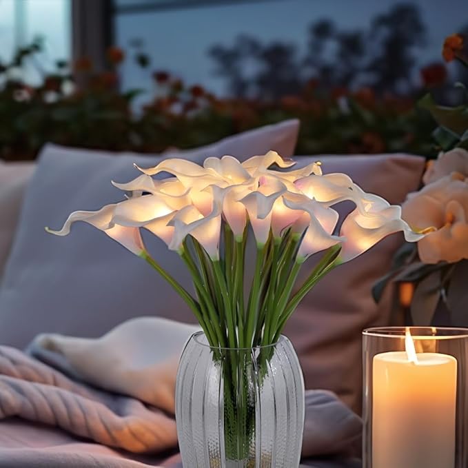 20pcs Artificial Calla Lily Bouquet Lamp Faux Floarl Night Light Real Touch Flower Night Lamp LED Calla Lily Artificial Flower Light for Christmas Gifts Home Kitchen Decor(Whitepurple)
