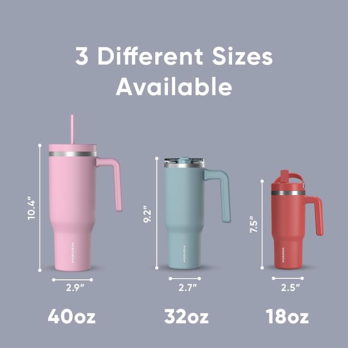 Hydrapeak Voyager 40 Oz Stainless Steel Tumbler with Handle, Insulated Water Bottle With Straw & Lid, Cupholder Friendly Reusable Travel Mug (Iceberg)