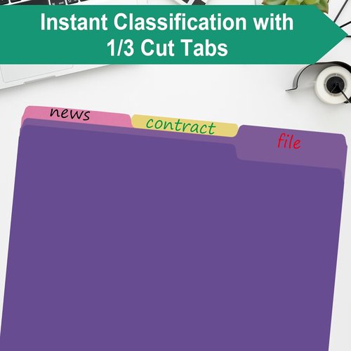 PMYBUPo File Folders - 18 Pack Letter Size 8.5x11 Inch | Colorful 1/3 Cut Tab Purple Office Organizers