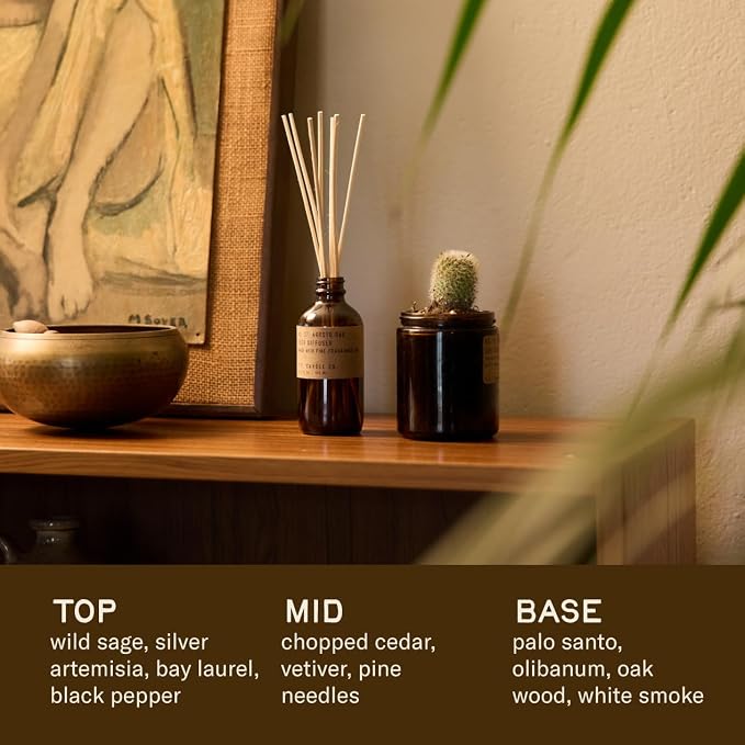 P.F. Candle Co. Arroyo Oak Classic Scented Rattan Reed Diffuser (3.5 fl oz) Amber Glass Jar, Fine Fragrance Oil, Flame-Free Fragrance, Made in The U.S.A.