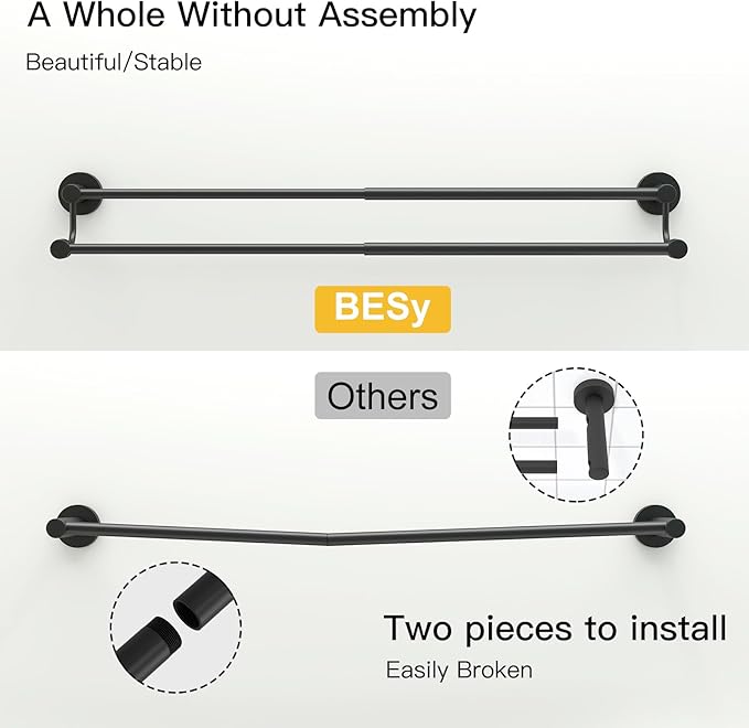 BESy Adjustable 16-26 Inches Double Bath Towel Bar for Bathroom SUS304 Stainless Steel Towel Holder, Hotel Style Wall Mount with Screws Hand Towel Bar Towel Rack Rod Hanger, Matte Black Finish