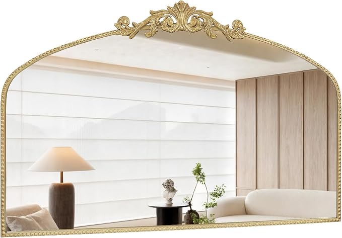 Vintage Gold Arched Mirror 48"X30", Large Victorian Antique Baroque Mantel Wall Mirror with Ornate Metal Frame for Entryway/Fireplace/Living Room/Hallway/Bathroom/Bedroom