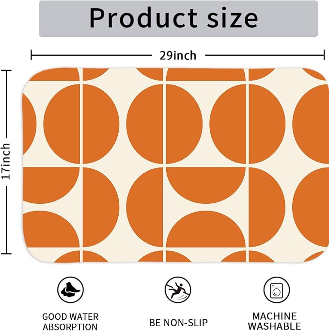 Orange Mid Century Modern Bath Mat, Boho Abstract Geometric Semicircle Retro Art Bath Rug for Bathroom, Colorful Unique Pattern Flannel Bath Mat Soft Non Slip Bath Rugs 29X17IN