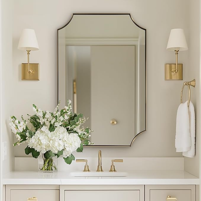 ANDY STAR 20"x30" Gold Scalloped Mirror, Mirrors for Bathroom, Champagne Bronze Vanity Mirror with Scalloped Corners Design, Rustproof Stainless Steel Thin Frame, Ideal for Narrow Bathroom Remodel