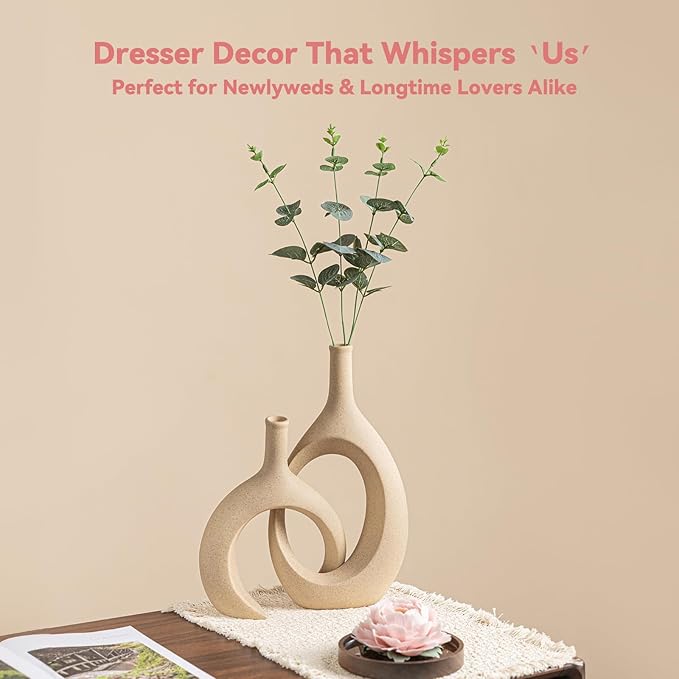 Intertwined Couple Vase Set - 2-Piece Ceramic Vases for Anniversary/Wedding Gifts, Rustic Farmhouse Decorative Vase for Living Room/Dresser, Gifts for Couples (His & Hers)